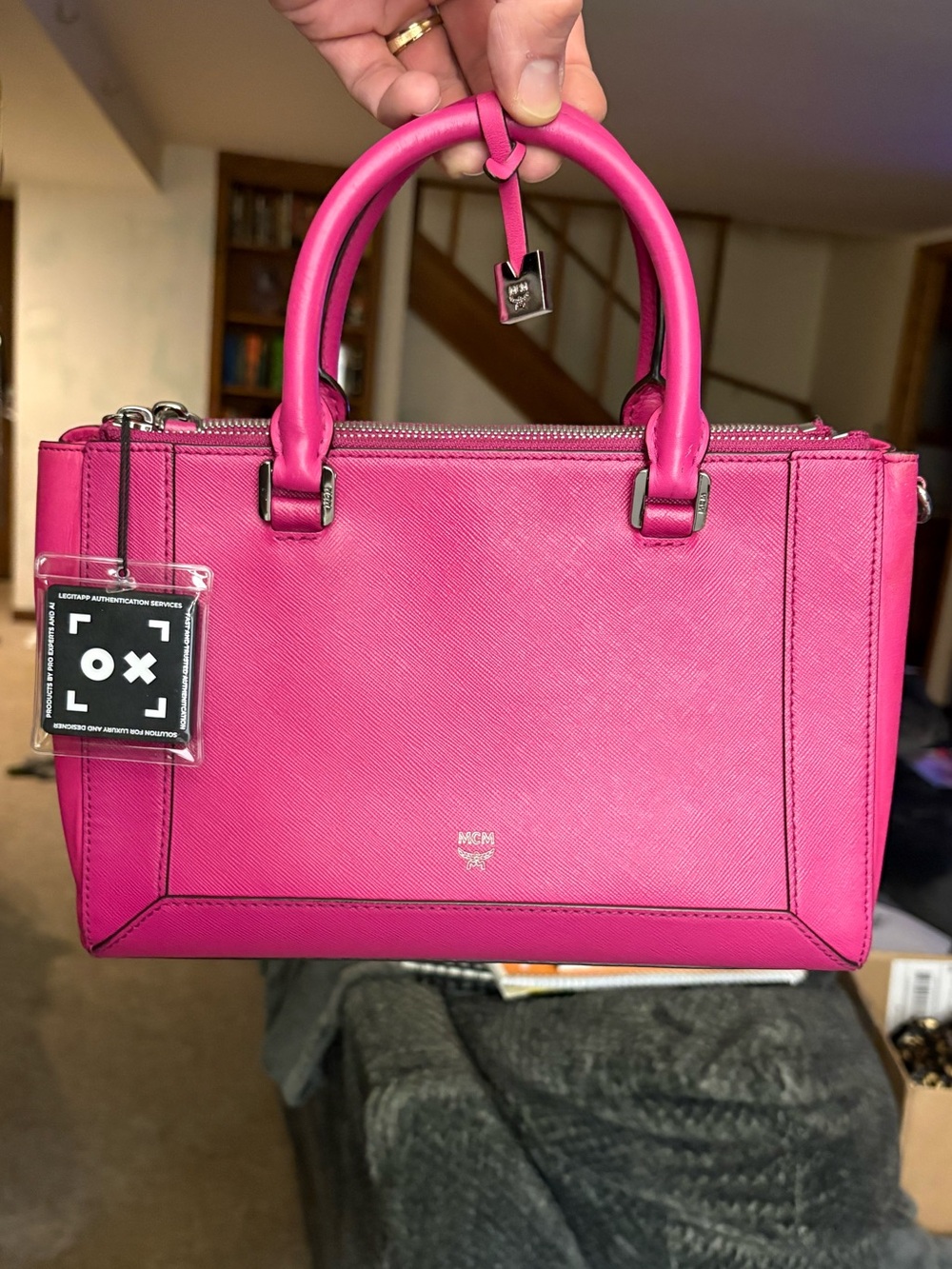 MCM Hot Pink Saffiano Leather Double Zip Satchel Crossbody Bag COA & Dust Bag - Picture 8 of 8